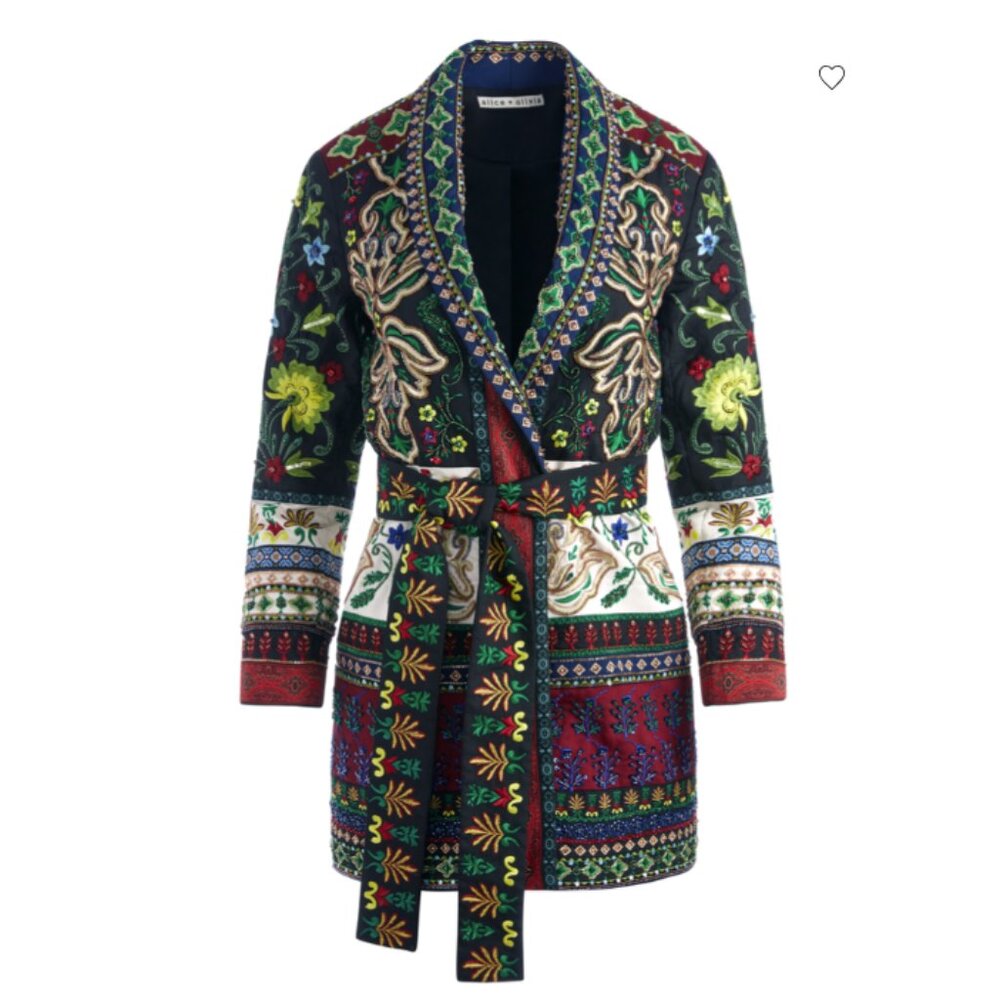 Alice + Olivia Wheaton Embroidered Shawl Collar Blazer Belted Beaded Kimono Jack
